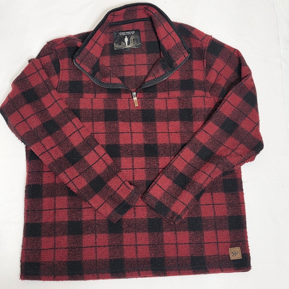 John Wayne Stock Supply Plaid Quarter Zip Pullover Fleece Red Black Mens Large